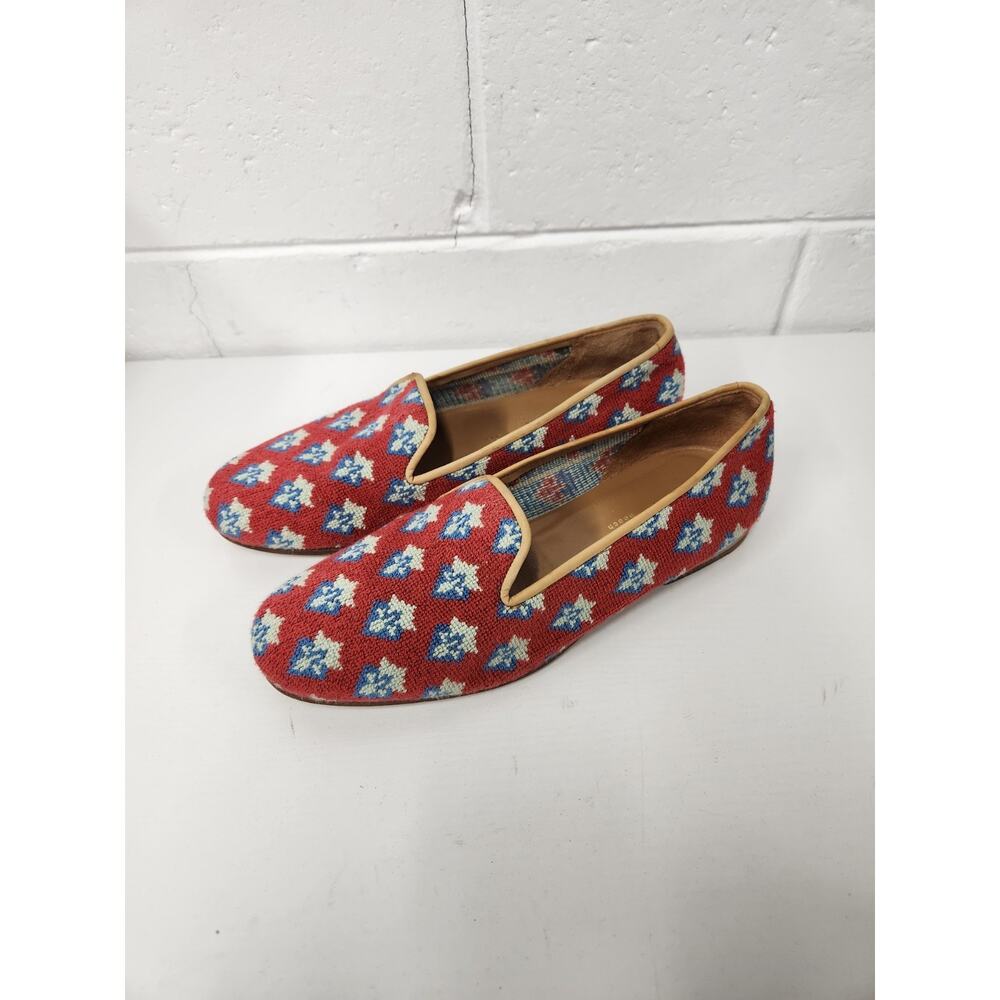 Stubbs & Wootton Red Beaded Floral Loafers with Blue and White Accents